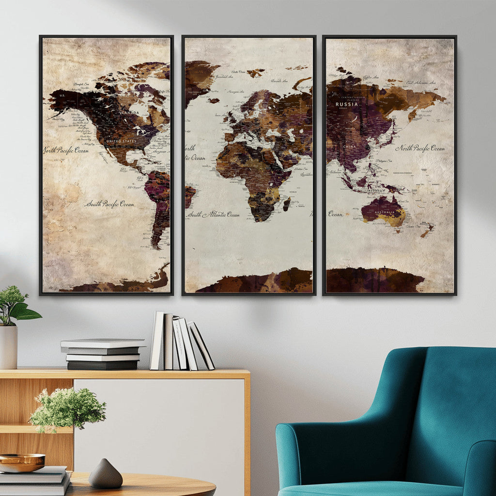 World Map Canvas Triptych | Colorful Global Wall Art for Living Rooms