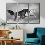 Wild Horses Wall Art Canvas Print, Framed Black and White Galloping Horses