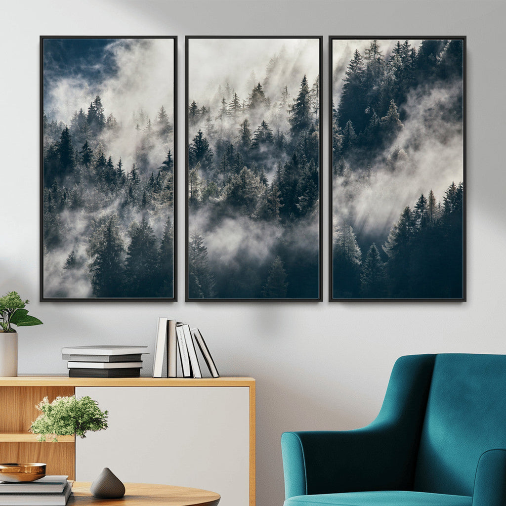 Foggy Mountain Forest Canvas Print, Misty Pine Trees Nature Wall Art