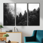 Black White Forest Wall Art Canvas Print, Misty Pine Tree Landscape