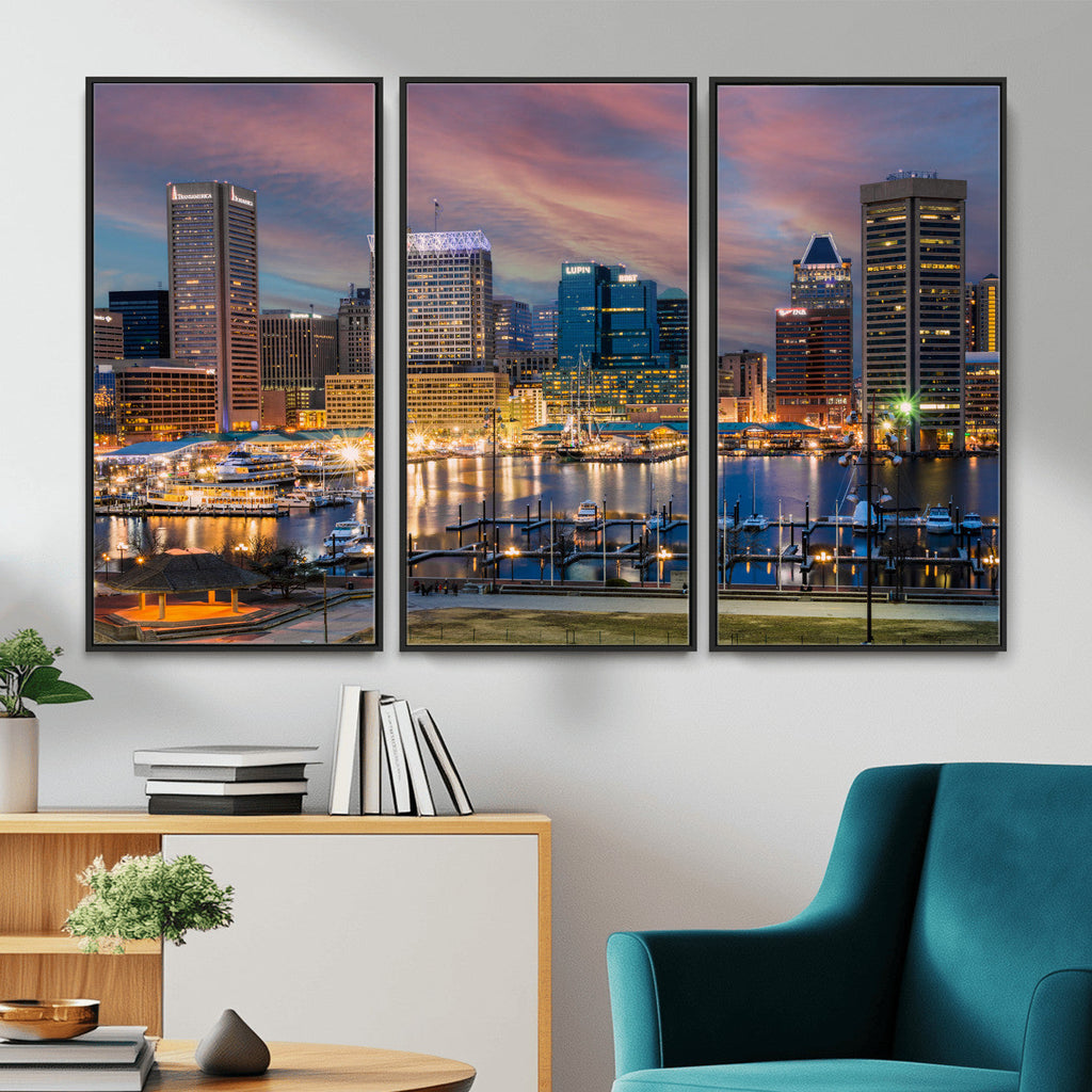 Baltimore Skyline Wall Art Canvas Print, Baltimore Downtown Night Cityscape