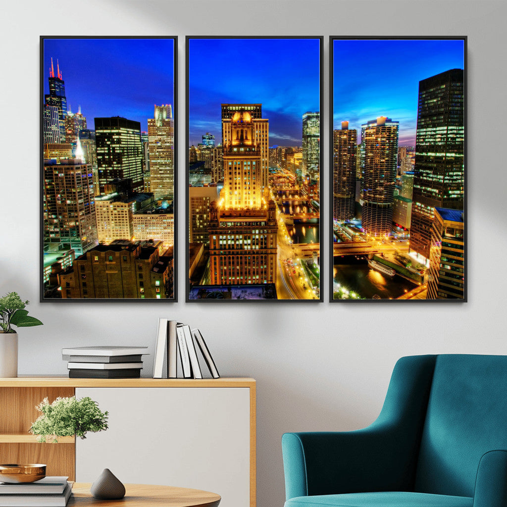 Chicago Wall Art Canvas Print - Chicago City Downtown Night Cityscape