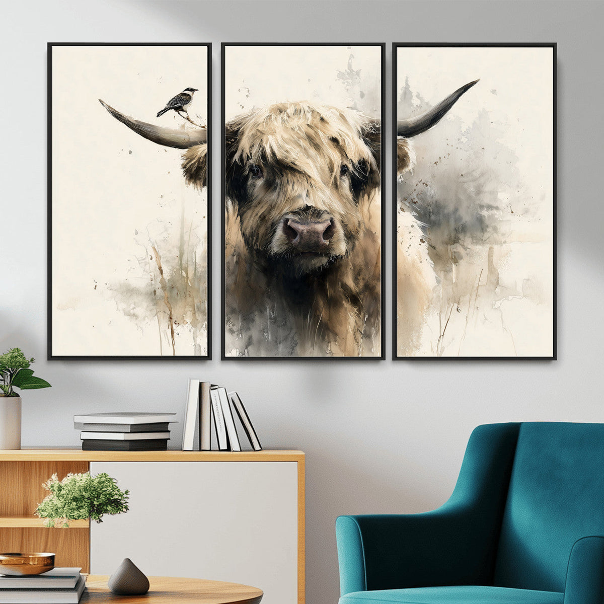 Abstract Highland Cow Wall Art Canvas Print, Rustic Farm Cattle Portrait