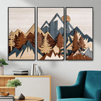 Layered Wooden Mountain Wall Art Canvas Print, Modern Rustic Forest and Pine Landscape
