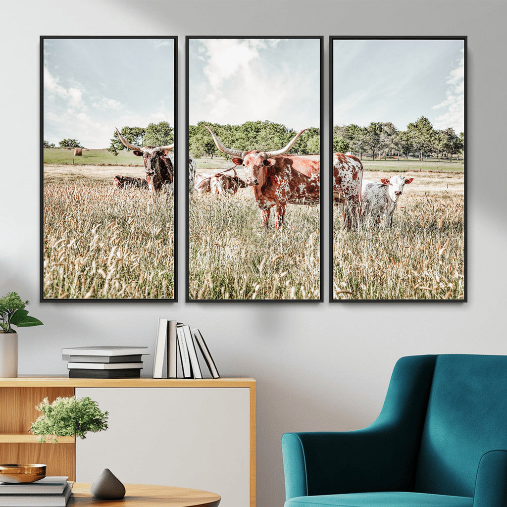 Texas Longhorn Cattle Wall Art Canvas Print, Western Ranch Landscape Decor