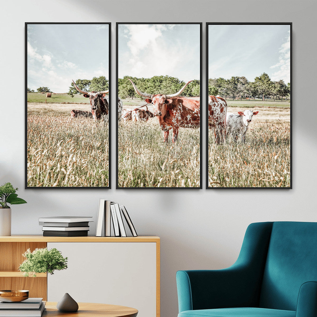 Texas Longhorn Cattle Wall Art Canvas Print, Western Ranch Landscape Decor