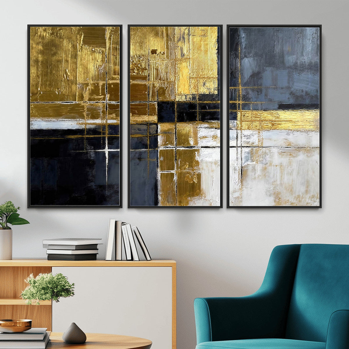 Gold Navy Abstract Wall Art Canvas Print, Modern Luxury Geometric Art for Living Room and Office