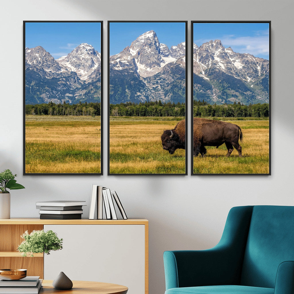 Bison in Mountain Landscape Wall Art Canvas Print, Western Decor