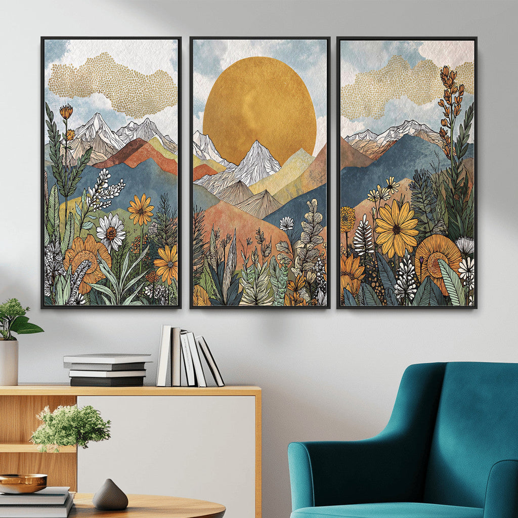 Boho Mountain Landscape Large Wall Art, Horizontal Gold Sun and Flowers Print