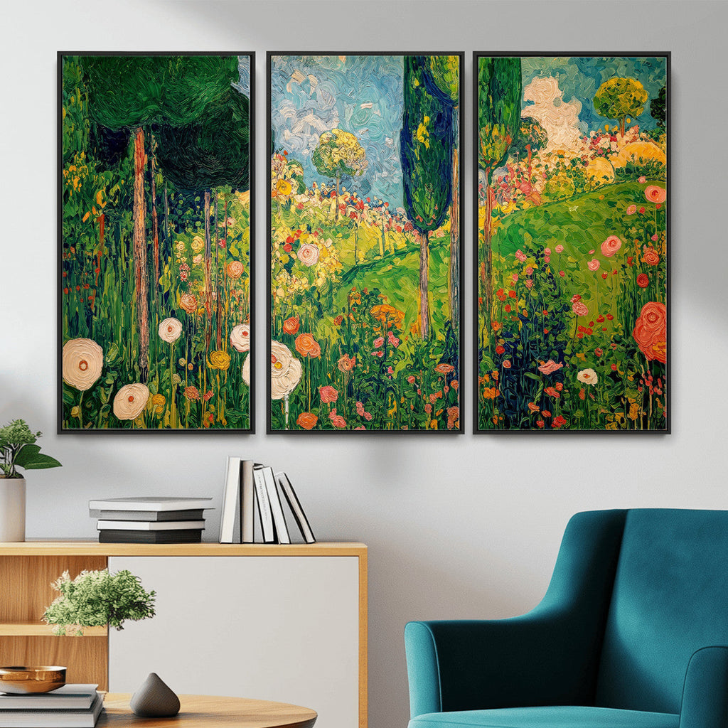Gustav Klimt Boho Mountain Landscape Large Wall Art, Gold Sun and Flowers Print