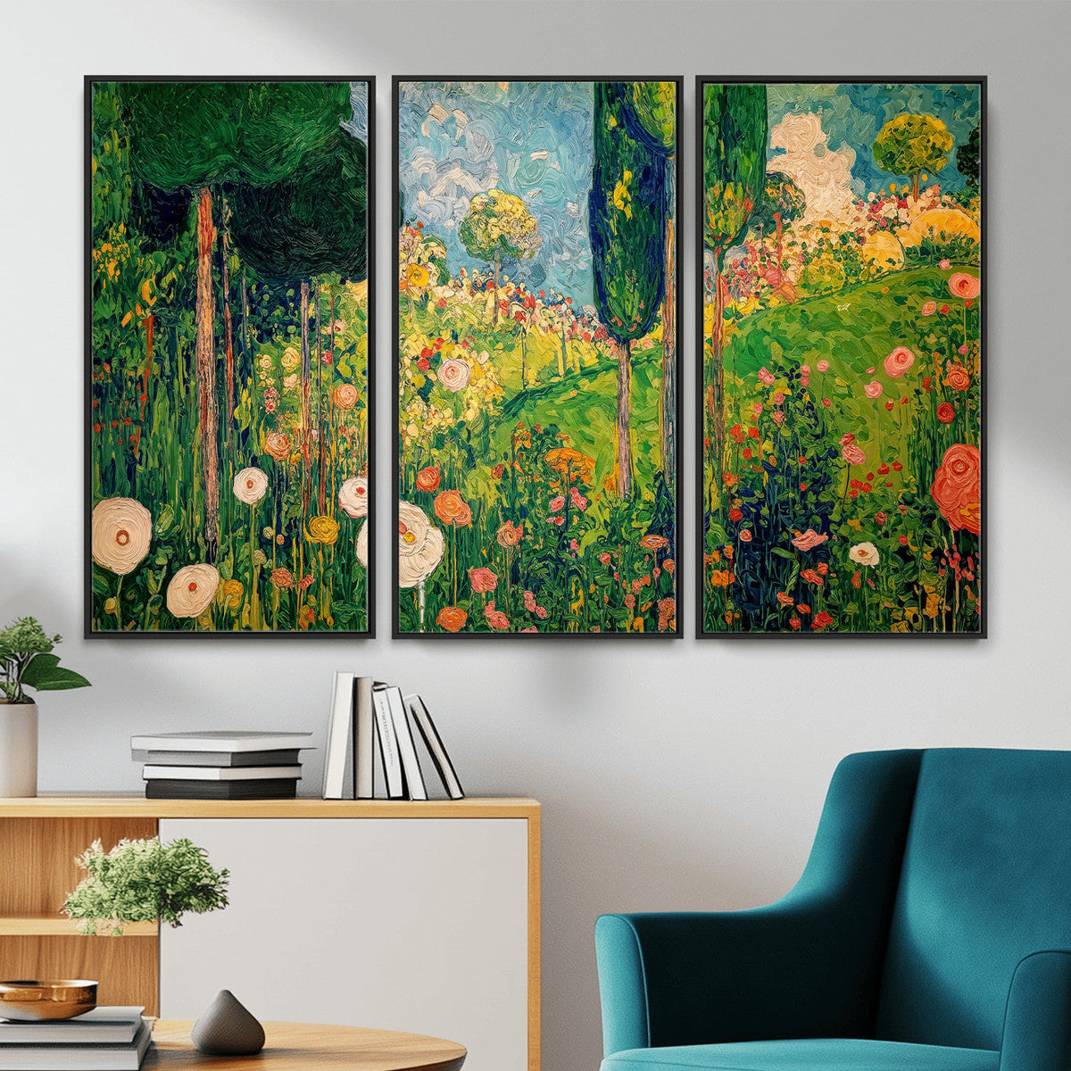 Gustav Klimt Boho Mountain Landscape Large Wall Art, Gold Sun and Flowers Print