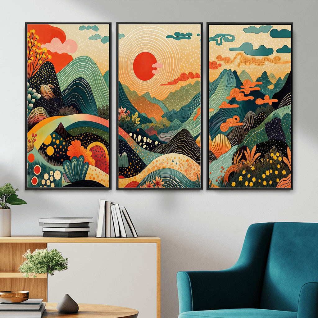 Yayoi Kusama Boho Mountain Landscape Large Wall Art, Gold Sun and Flowers Print