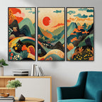 Yayoi Kusama Boho Mountain Landscape Large Wall Art, Gold Sun and Flowers Print