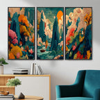 Colorful Japanese Landscape Print: Maximalist Panoramic Wall Art
