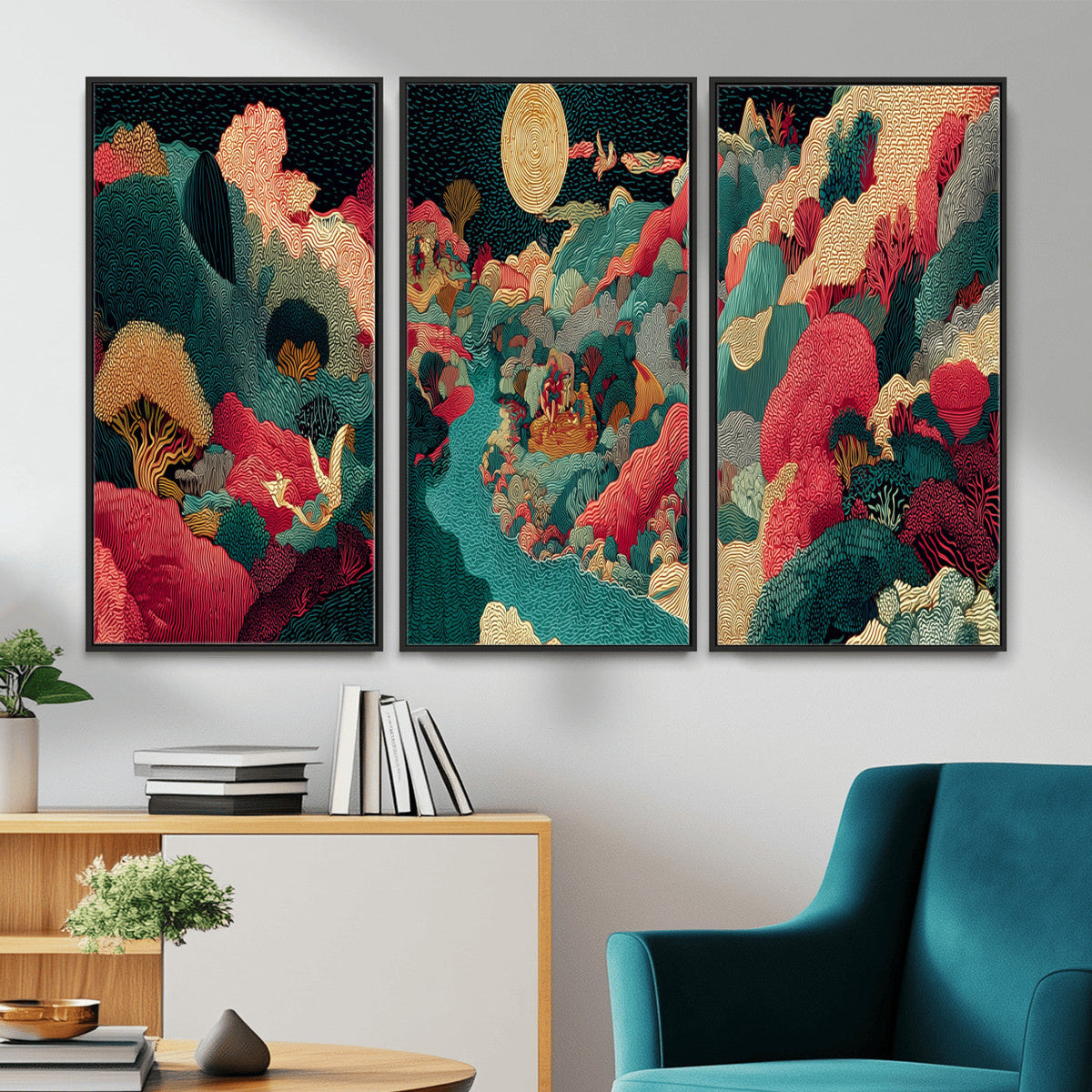 Colorful Japanese Landscape Print: Maximalist Panoramic Wall Art