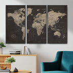 World Map Canvas Wall Art, Dark Charcoal and Antique Tan Detailed Map