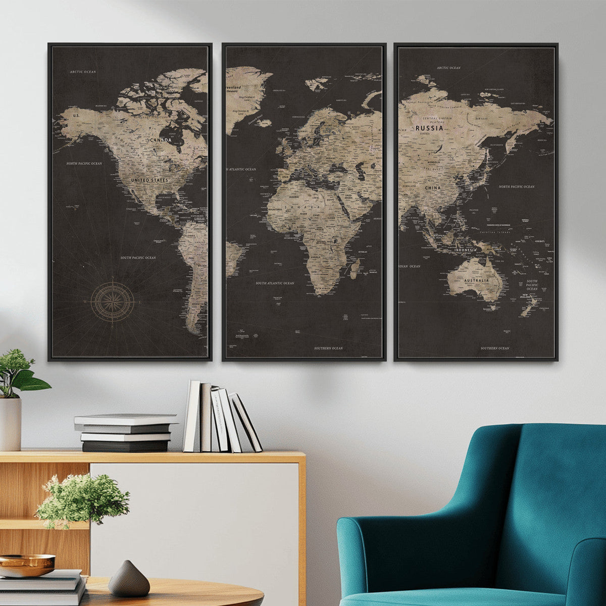 World Map Canvas Wall Art, Dark Charcoal and Antique Tan Detailed Map