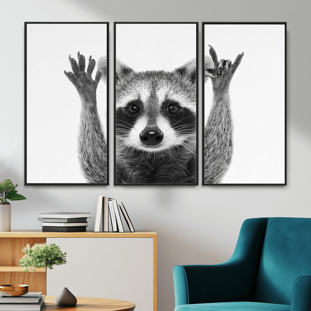 Funny Raccoon Canvas Wall Art, Black White Hands Up Animal Photo Print