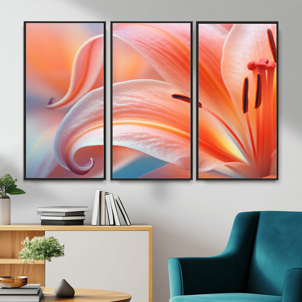 Peach Lily Canvas Wall Art, Coral Pink Flower Macro Photo Print, Botanical Decor
