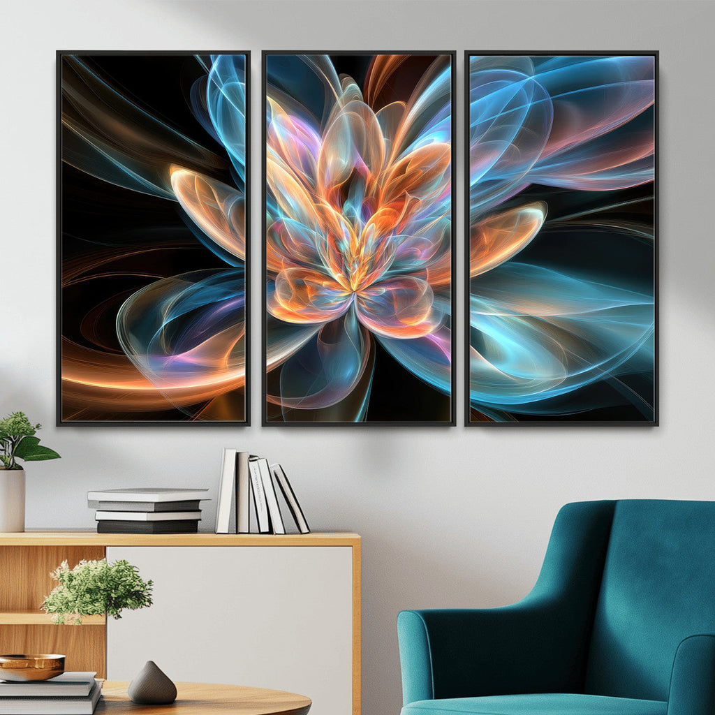 Fractal Lotus Canvas Wall Art, Blue Orange Glowing Flower Abstract Print