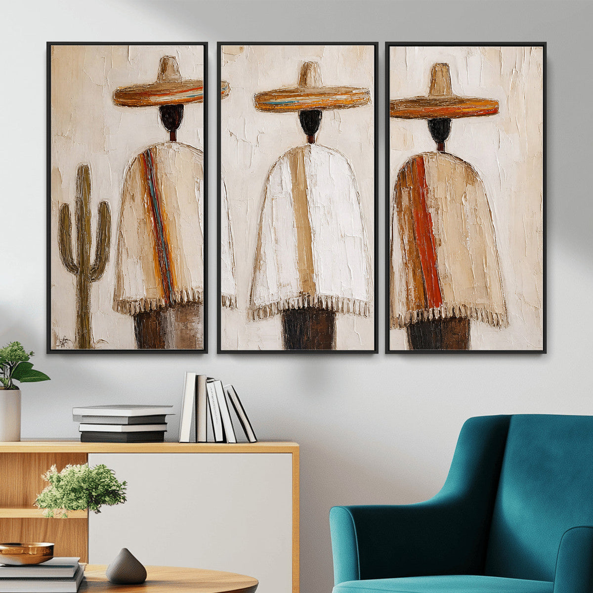 Mexican Wall Art Canvas Print, Southwestern Sombrero Poncho Painting Print, Boho Decor