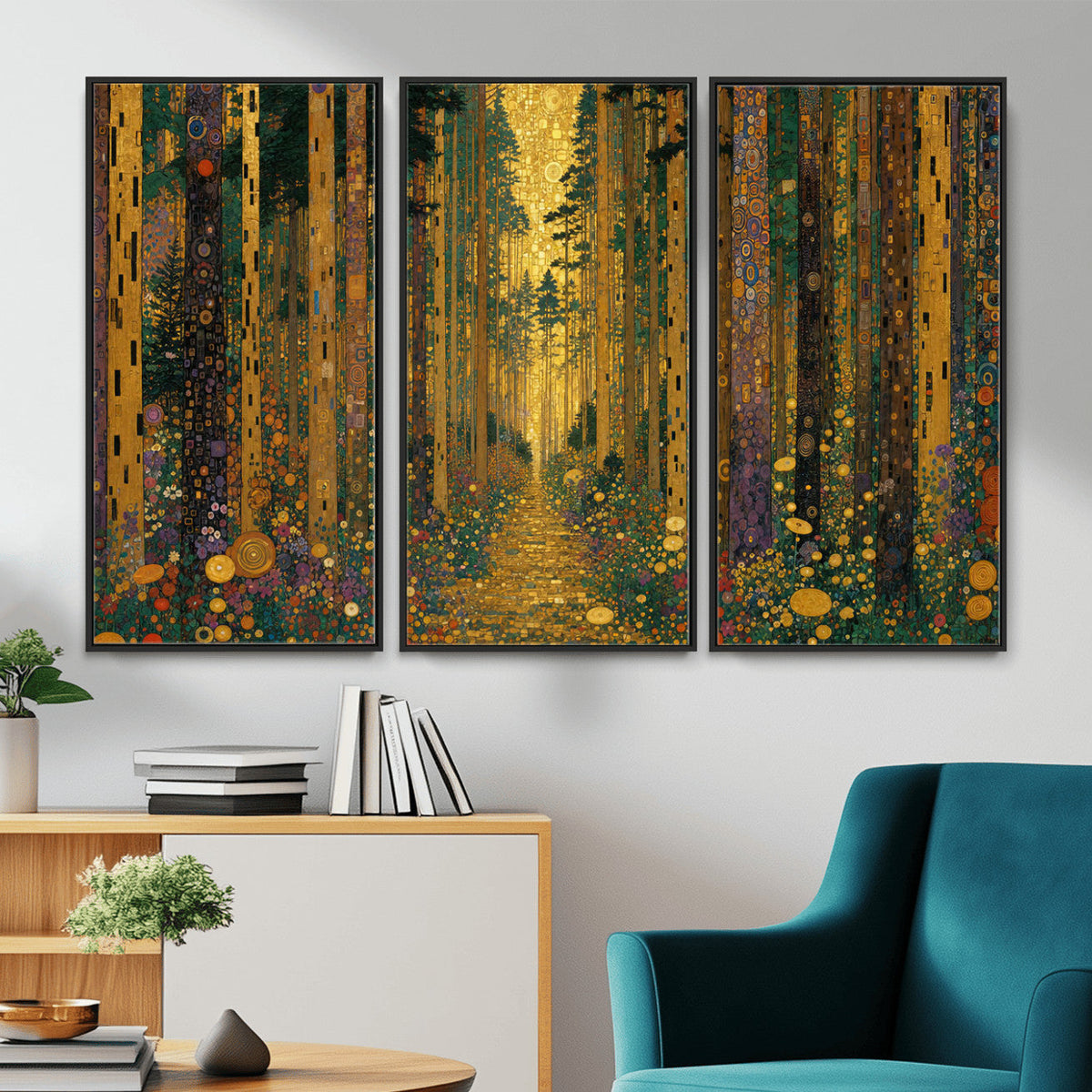 Gustav Klimt Style Forest Canvas Wall Art, Golden Forest Path Floral Art Nouveau Print