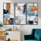 Blue Teal Abstract Canvas Wall Art, Modern Brushstroke Style Print, Navy Orange Contemporary Decor