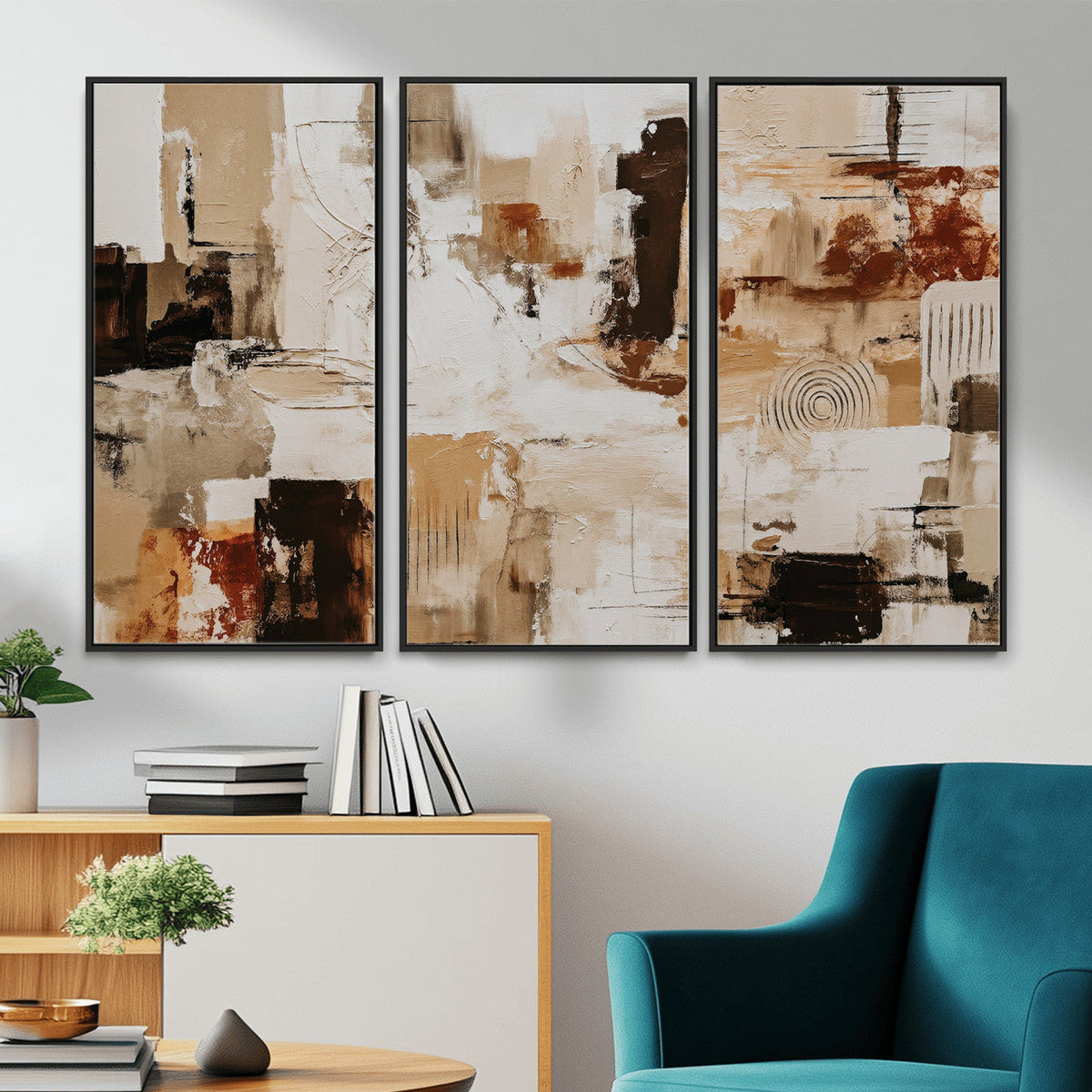Blue Teal Abstract Canvas Wall Art, Modern Brushstroke Style Print, Navy Orange Contemporary Decor