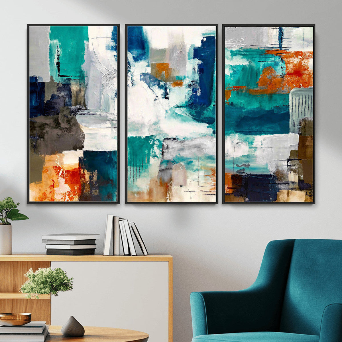 Blue Teal Abstract Canvas Wall Art, Modern Brushstroke Style Print, Navy Orange Contemporary Decor