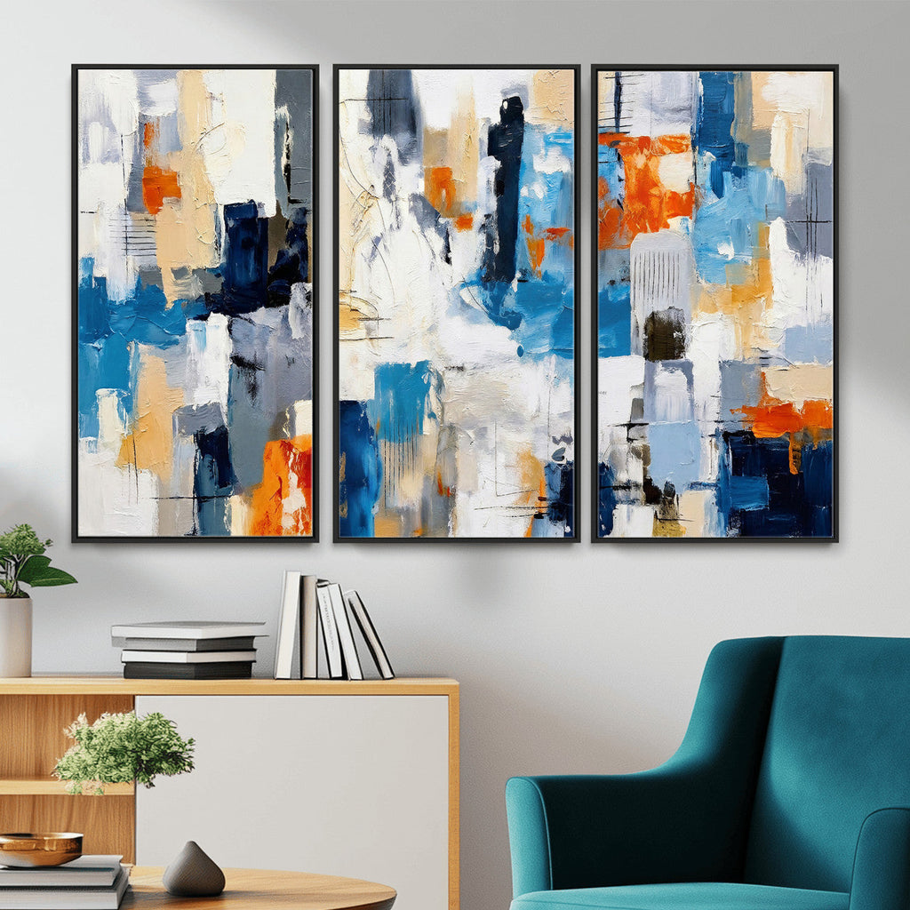 Blue Teal Abstract Canvas Wall Art, Modern Brushstroke Style Painting Print, Navy Orange Contemporary Decor