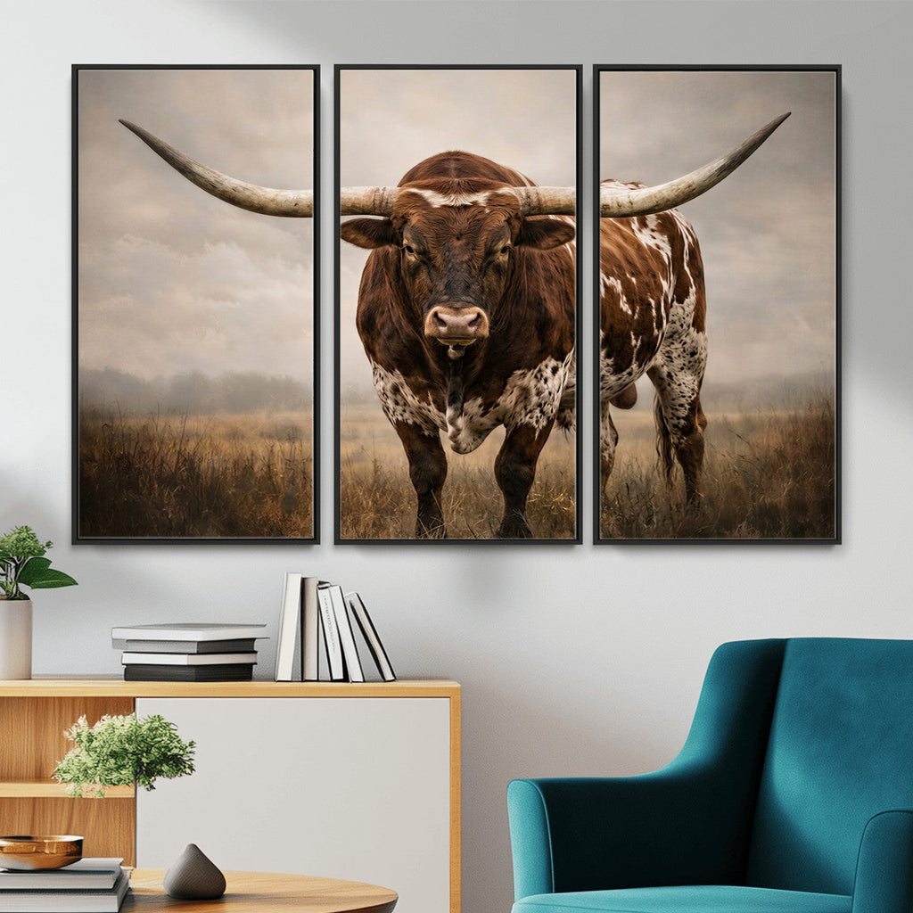 Texas Longhorn Wall Art Canvas Print | Brown Horned Bull Rustic Western Decor