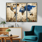 World Map Canvas Print | Vintage Blue and Gold World Map Wall Art