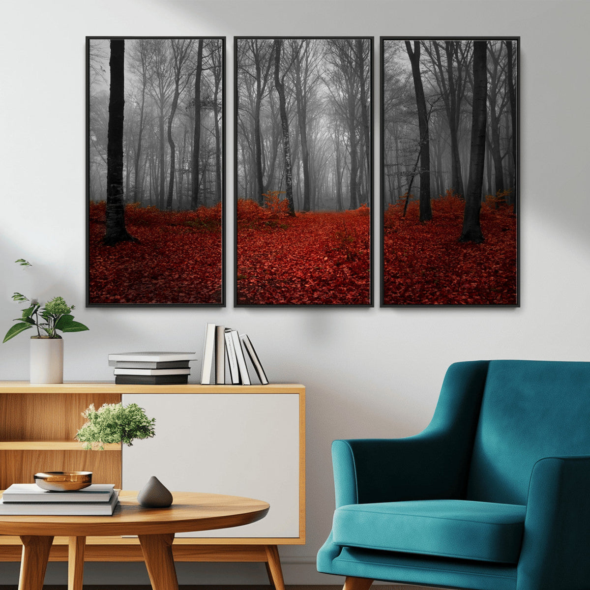 Red Forest Floor Canvas Wall Art | Mystical Foggy Woodland Triptych