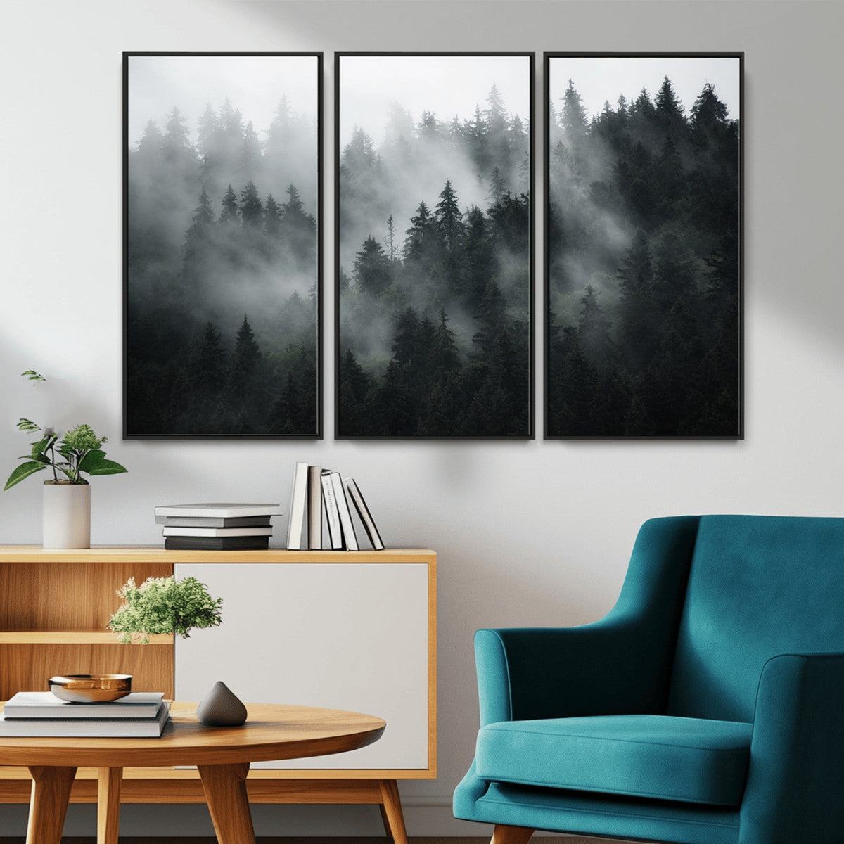Foggy Forest Wall Art Canvas Print | 3 Panel Large Misty Landscape