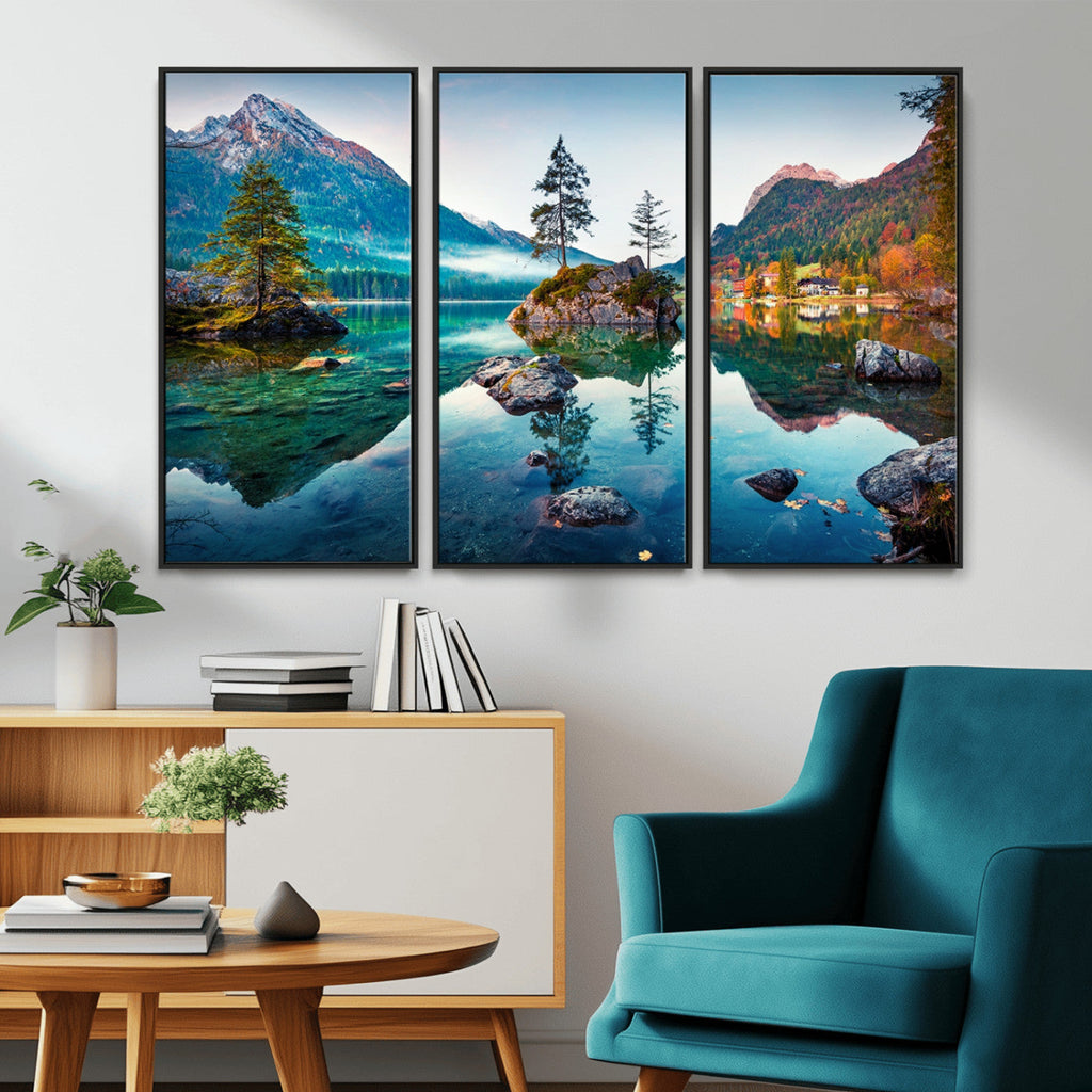 Crystal Clear Lake Wall Art | Mountains Wall Art Canvas | 3 Panel Landscape