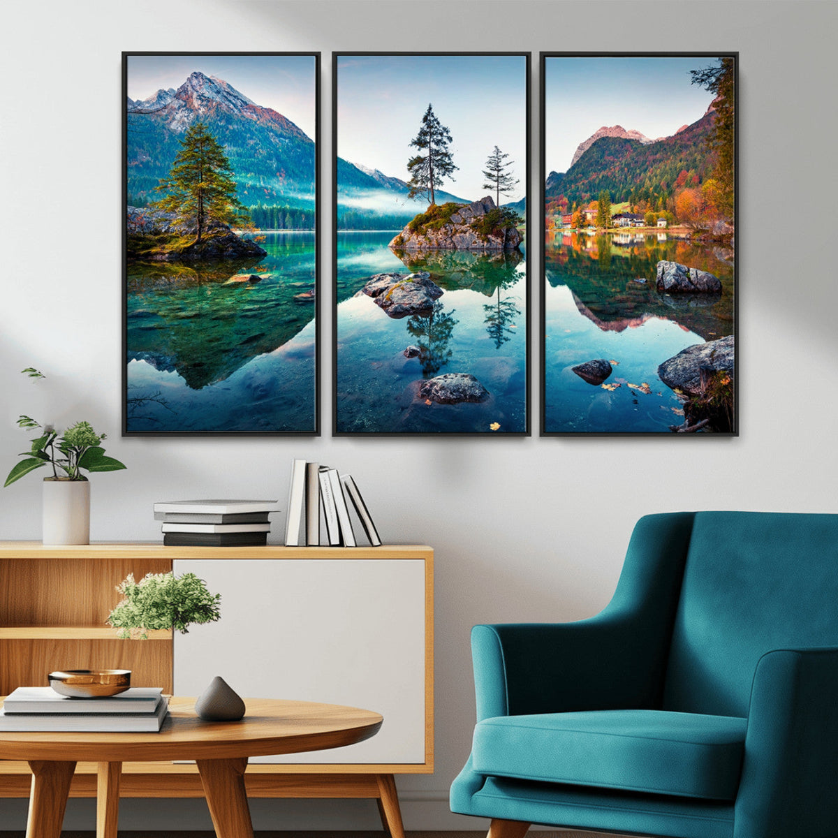 Crystal Clear Lake Wall Art | Mountains Wall Art Canvas | 3 Panel Landscape