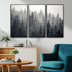 Misty Forest Canvas Wall Art | Monochrome Triptych Pine Tree Print