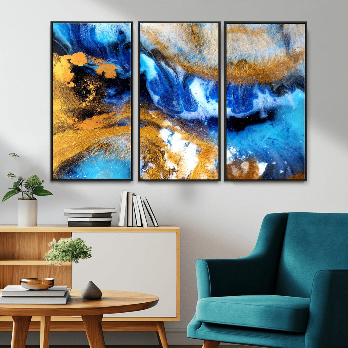 Blue Orange Marble Fluid Effect Canvas Wall Art Print