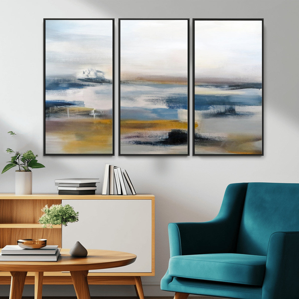 Abstract Landscape Wall Art Canvas | 3 Panel Modern Blue, Gold and White Canvas Art