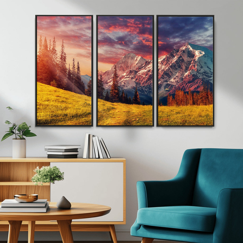 Mountain and Daylight Red Sunset Wall Art Canvas Print