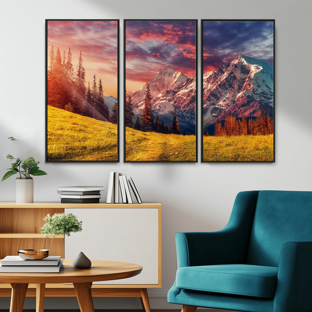 Mountain and Daylight Red Sunset Wall Art Canvas Print