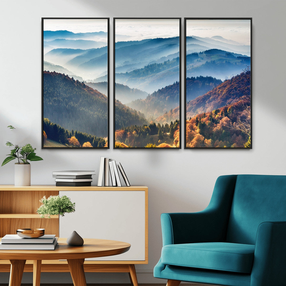 Misty Mountain Sunrise Triptych Canvas Print | Autumn Landscape Wall Art