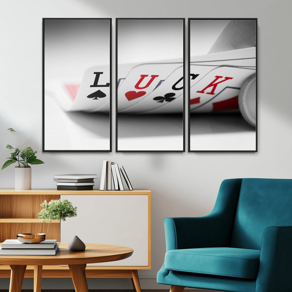 Framed Lucky Poker Cards Canvas | Modern Triptych Wall Art for Game Rooms