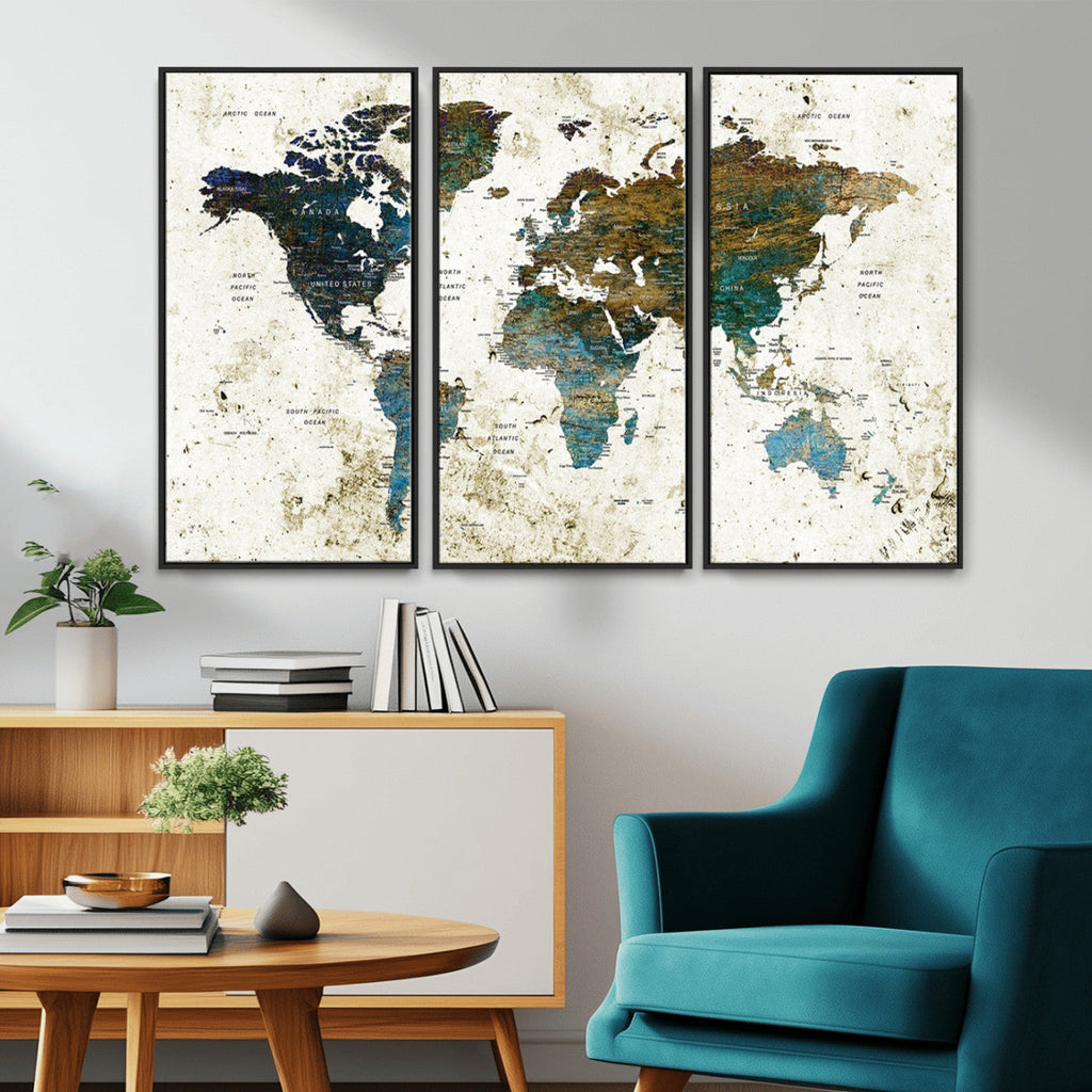 Vintage World Map Wall Art Canvas Print, Framed Rustic Earth Tone Map