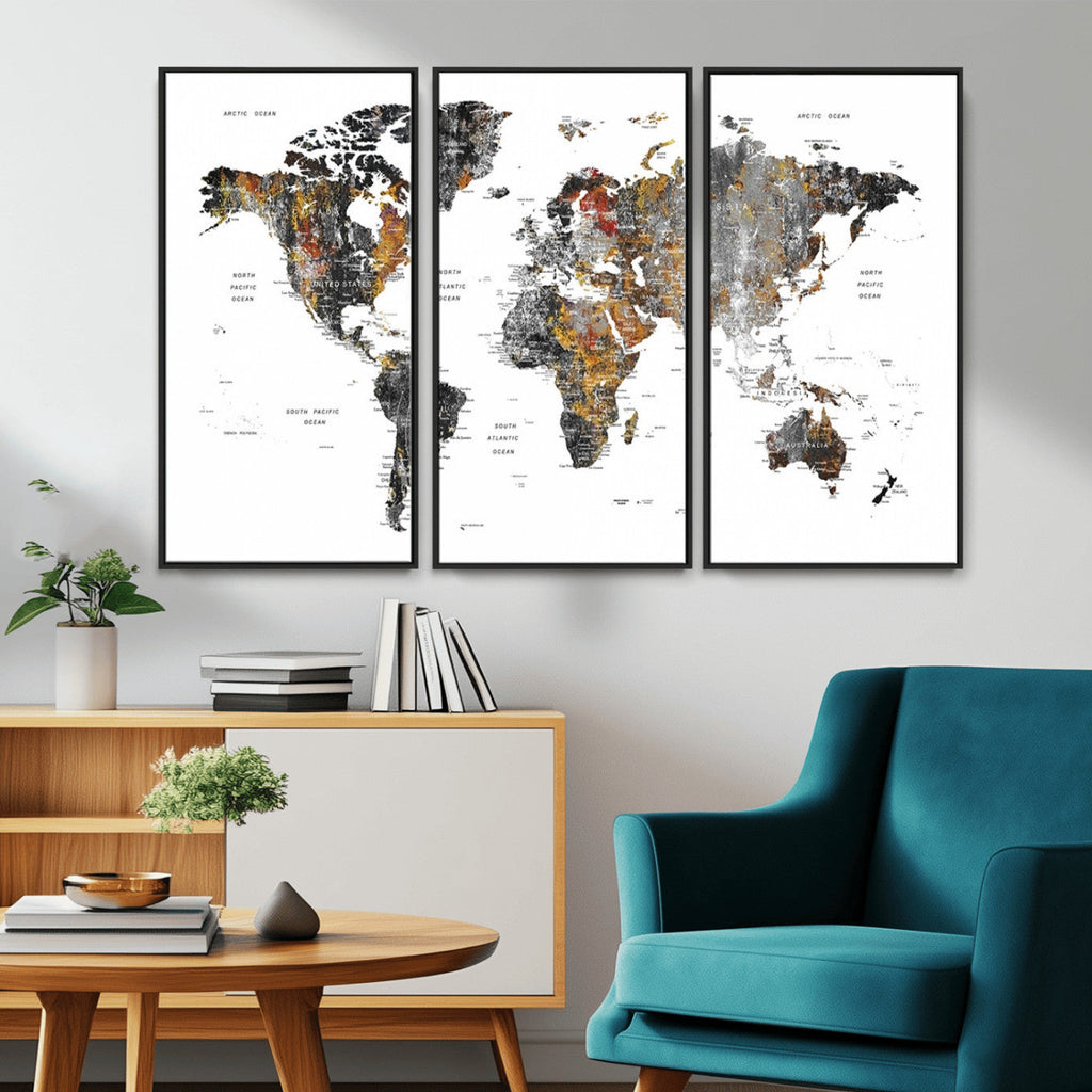 Modern Metallic World Map Canvas Wall Art | Framed Contemporary World Map Print