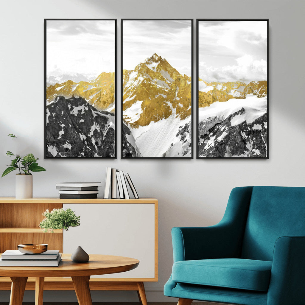 Gold Abstract Mountains Wall Art Print on Canvas, Nature Wall Art Print