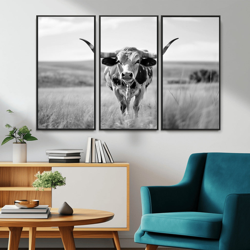 Texas Cow Longhorn Wall Art Canvas Print for Farm House Wall Art, Framed and Ready to Hang