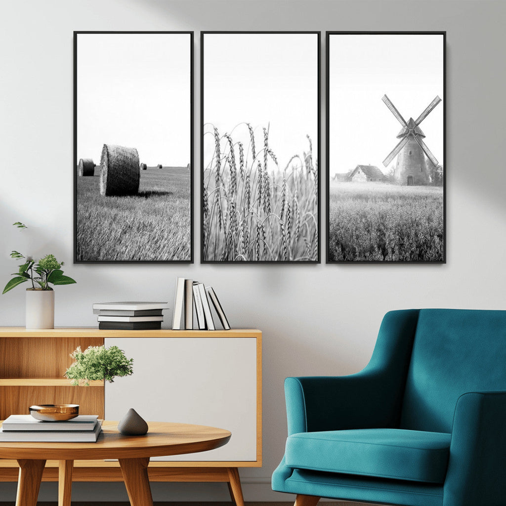 Vintage Farmhouse Black and White Triptych Wall Art, Giclee Canvas with Wheat Fields, Hay Bales and Windmill
