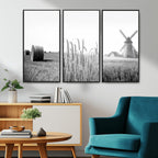 Vintage Farmhouse Black and White Triptych Wall Art, Giclee Canvas with Wheat Fields, Hay Bales and Windmill