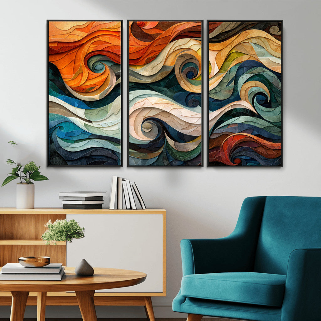 Abstract Wave Wall Art, Ready to Hang Framed Canvas Print | Extra Large 3 Piece Canvas Wall Art
